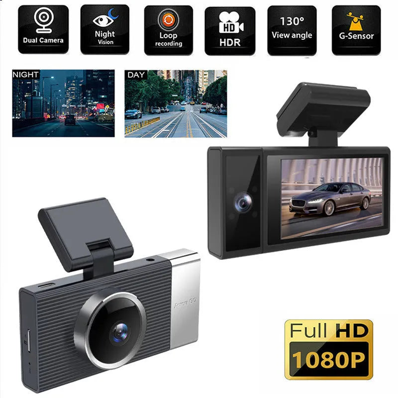 Wi-Fi connected three-lens driving recorder with 3-inch screen on a car dashboard.