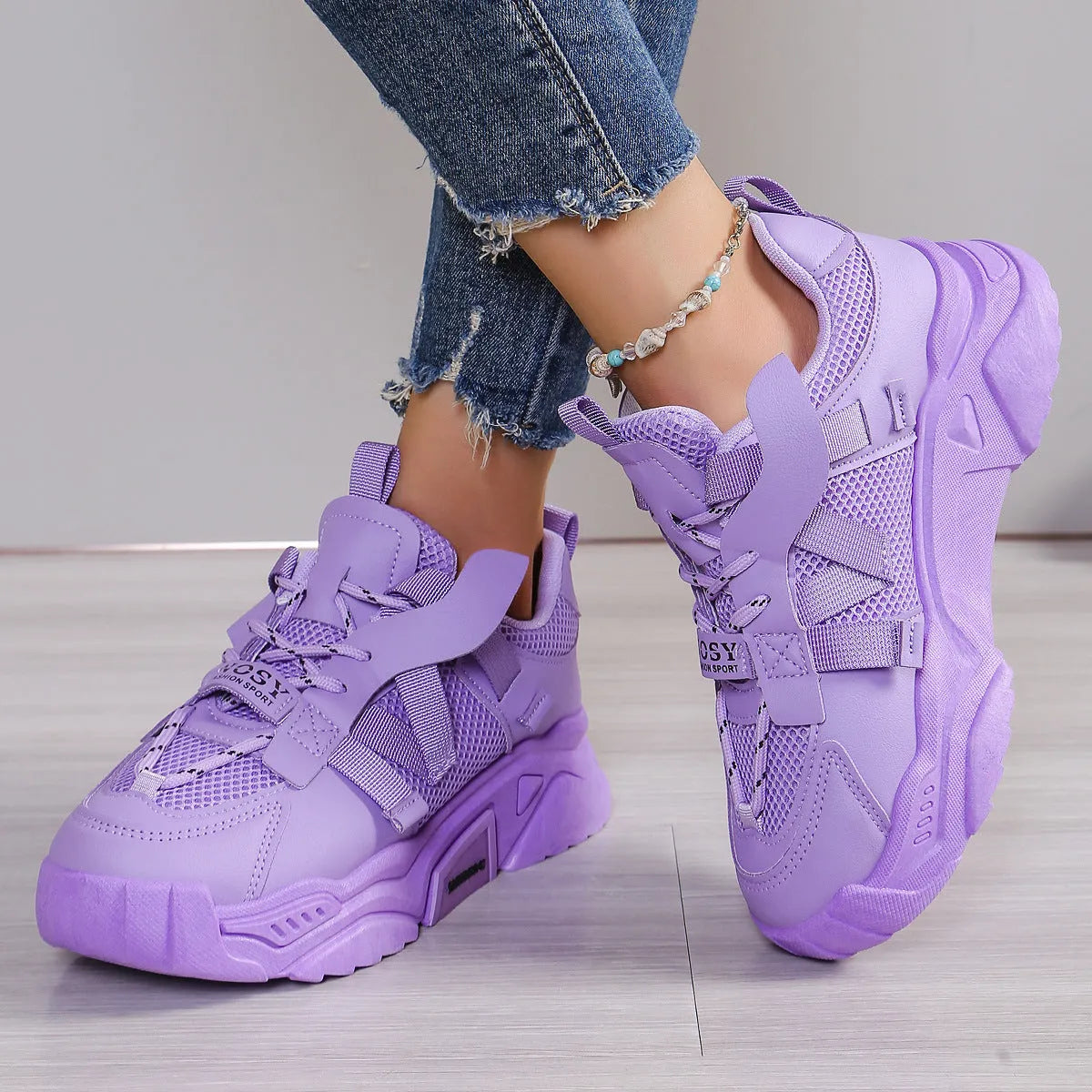 Women's purple platform mesh dad shoes with animal pattern and lace-up front