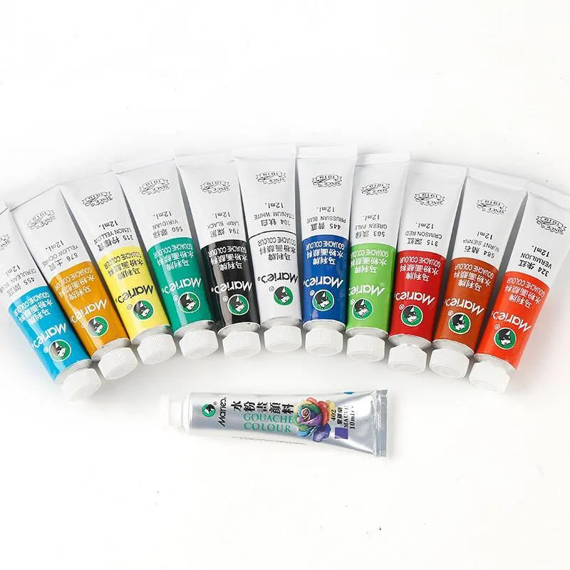 Boxed set of gouache paint tubes in 12, 18, or 24 colours for water-based painting.