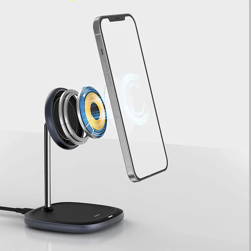 Swan magnetic wireless charging stand for iPhone 12 in black or white with Type-C cable