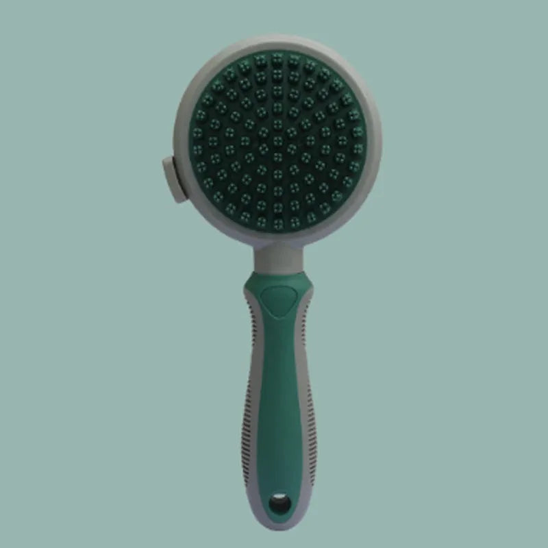 Green two-sided pet grooming brush showing slicker brush and silicone massager sides with anti-slip handle