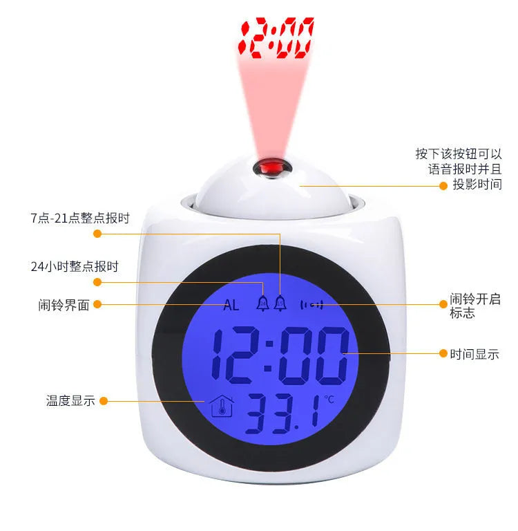 LED alarm clock with dome shape LCD display swivel projector black white ABS