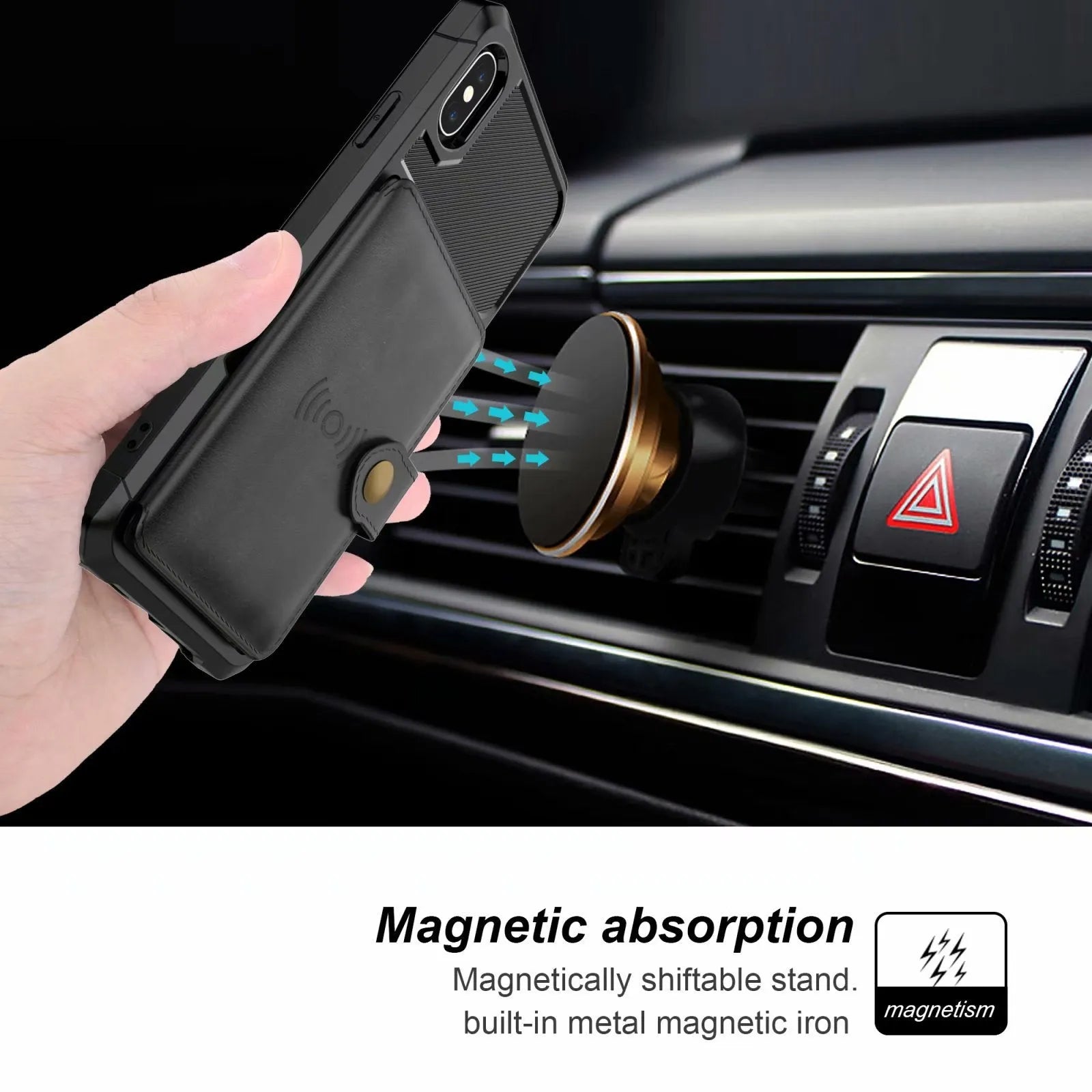 Car magnetic protection cover PU back case with built-in stand in black for iPhone and Samsung phones