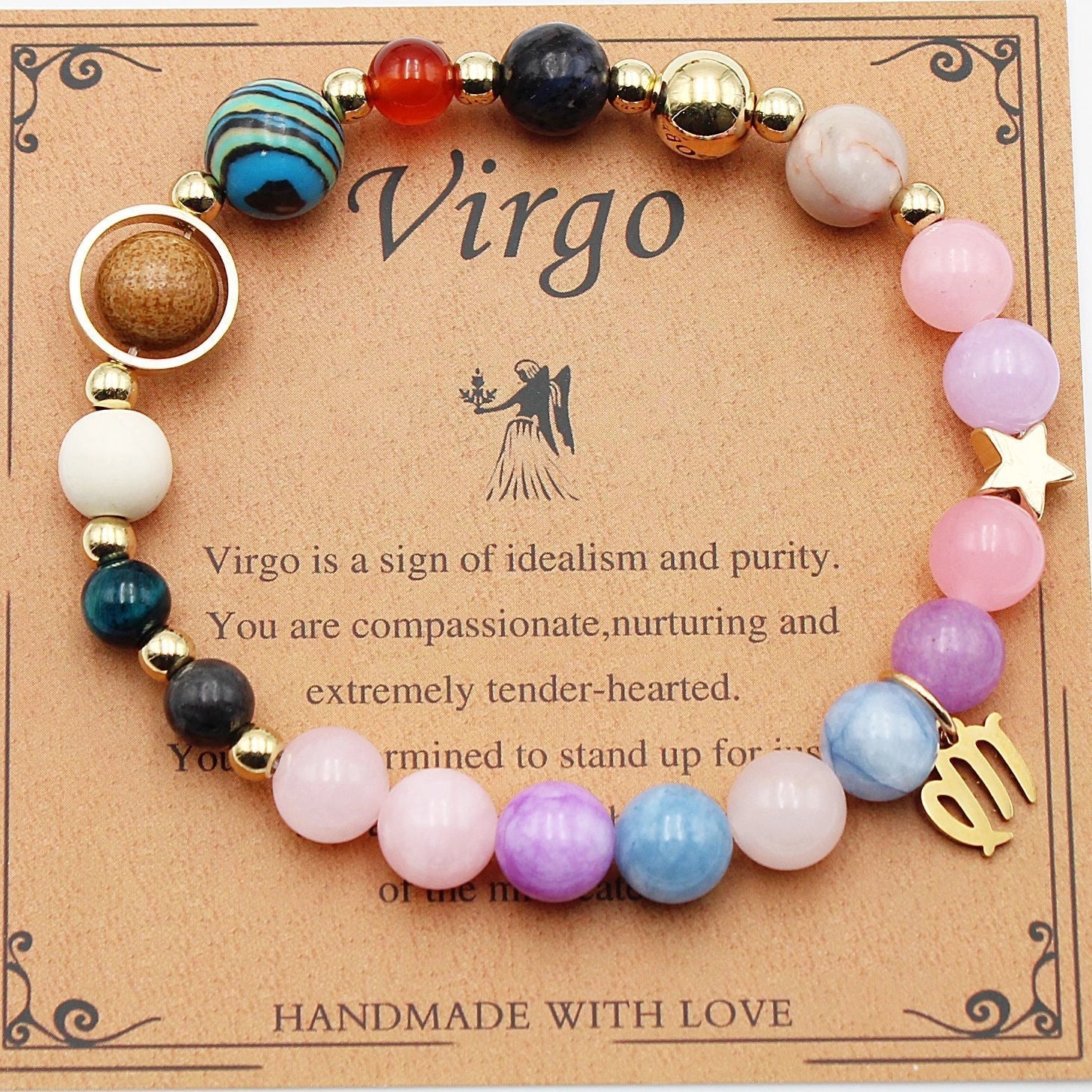 Morgan Stone beaded bracelet with twelve constellation designs, showcasing personalised zodiac signs.