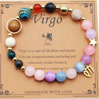 Morgan Stone beaded bracelet with twelve constellation designs, showcasing personalised zodiac signs.