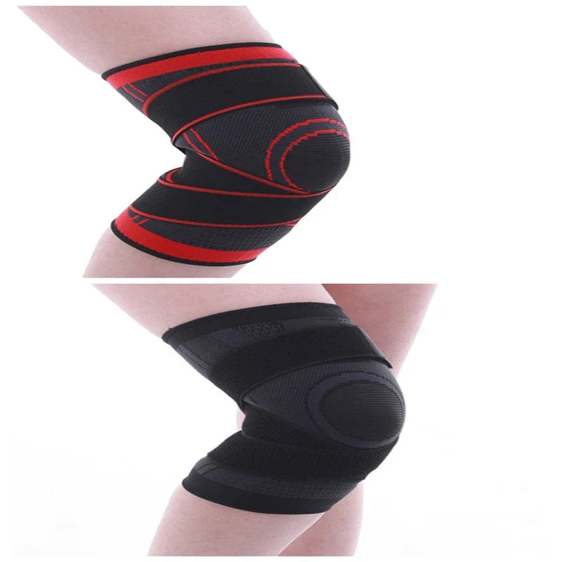 3D Sports Knee Pad in black, red, orange, and green with double beams for meniscus protection