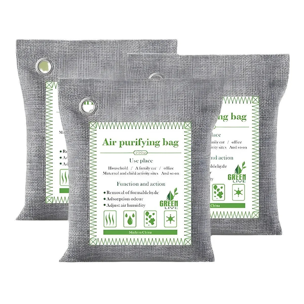 Sewn fabric packets of bamboo charcoal wrapped activated carbon for household formaldehyde removal.