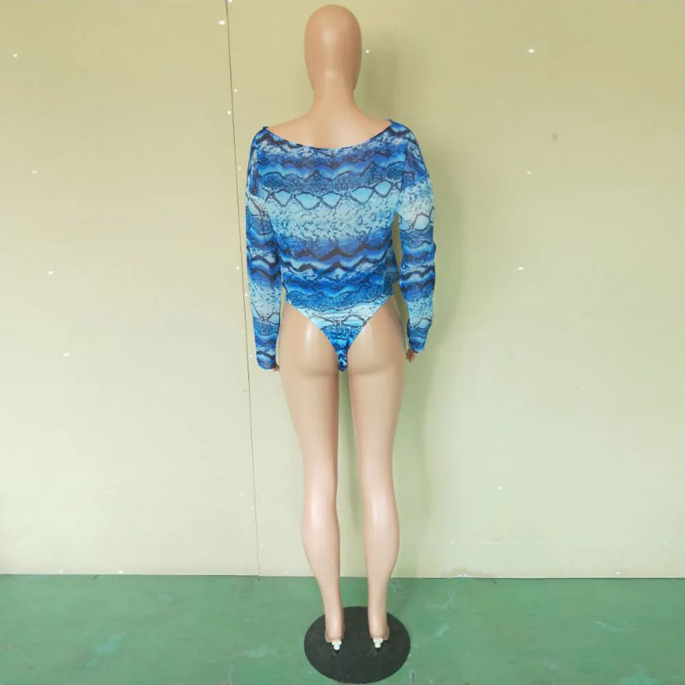 Women's snakeskin print three-piece bikini set with long sleeve top and short pants