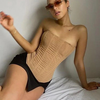 Sleeveless mesh crop top in black, khaki, and white colors for women's summer fashion