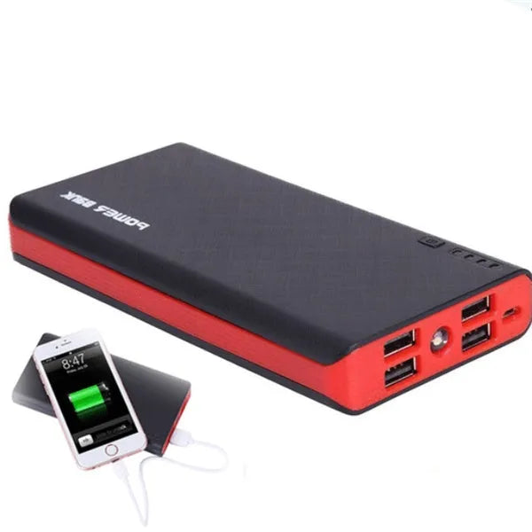 A 20000mAh portable power bank in multiple colours, showing its compact size and fast-charging ports.