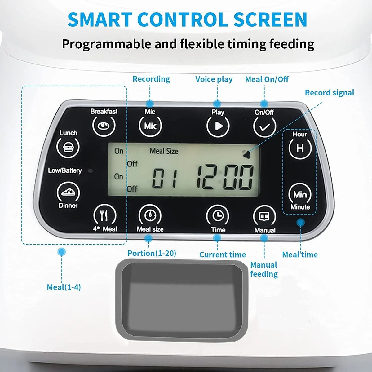 White ABS pet automatic feeder with button or WiFi control, suitable for dogs and cats