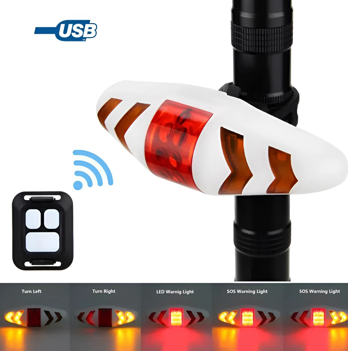 Wireless remote control bicycle taillight with directional indicators, IPX2 waterproof, black colour, installed on bicycle seat post
