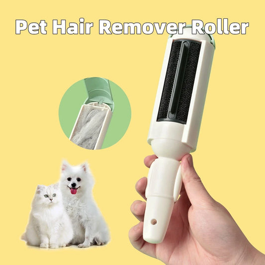 Powerful pet hair remover roller with non-slip handle for effectively cleaning couches, carpets, clothing, and car seats