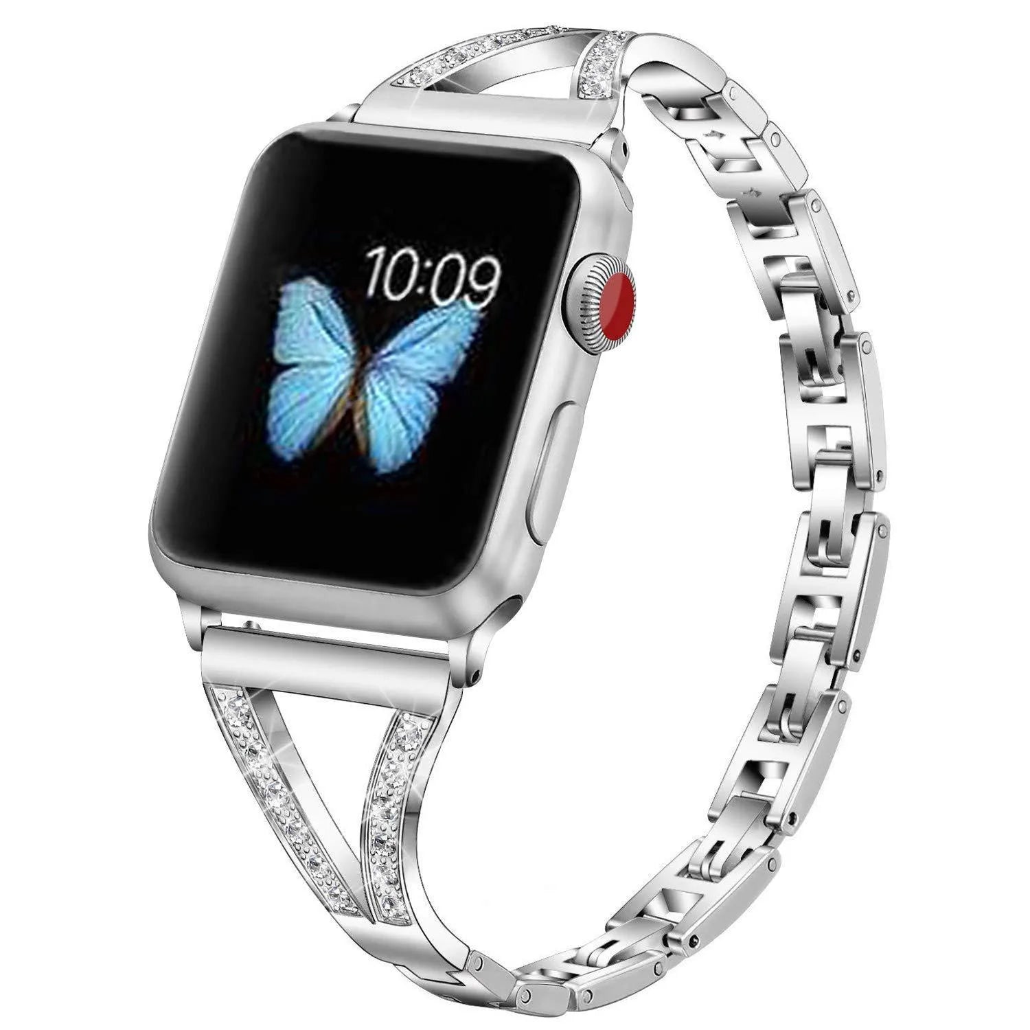 Herringbone pattern smart watch strap for Apple Watch in silver, showing zinc alloy lugs.