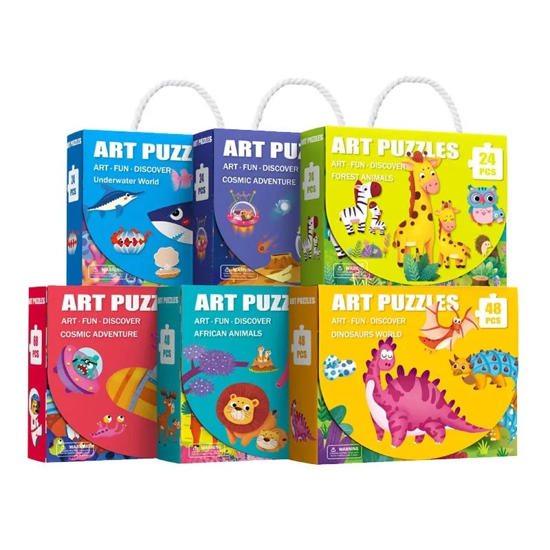 Children's paper jigsaw puzzle colour box with animal theme and storage bag, 23x18x6.5 cm