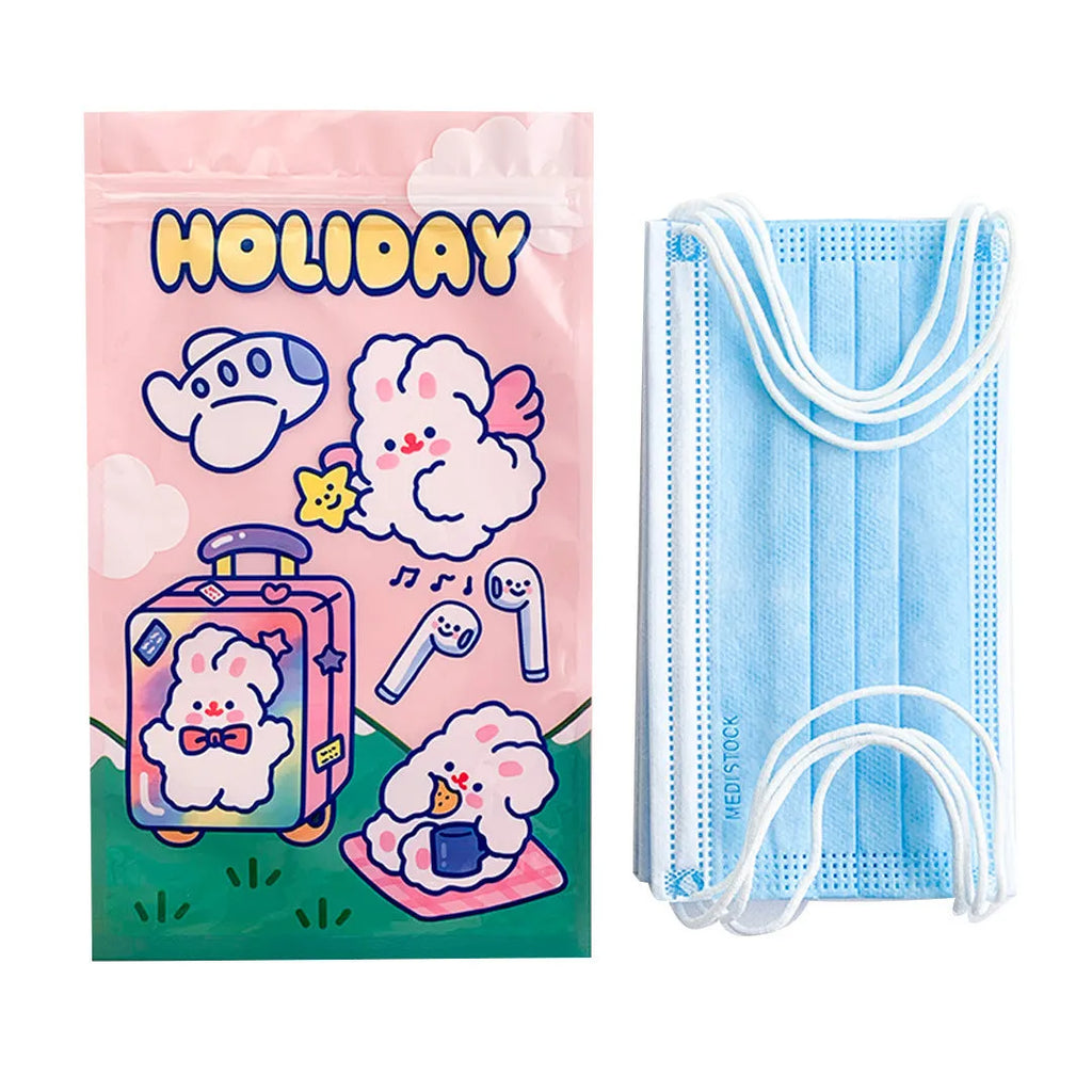 Green, blue, purple and pink rectangle packaging bags with cute rabbit designs for snacks and gifts.