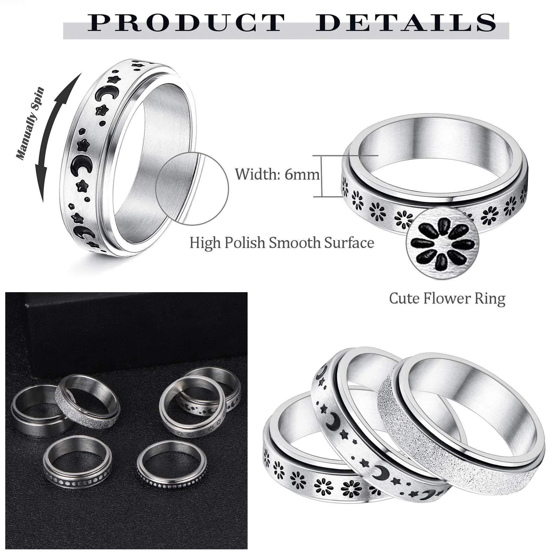 Stainless steel spinner ring with moon and stars design for anxiety relief
