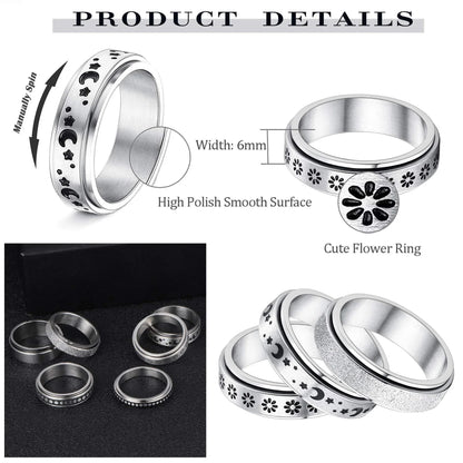 Stainless steel rotatable spinner ring with moon and stars design for stress relief