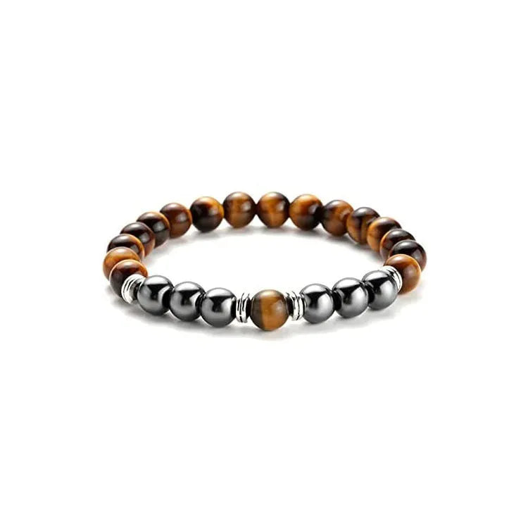 Handmade tigereye hematite unisex stone bracelet with silver-strip finish on a white background
