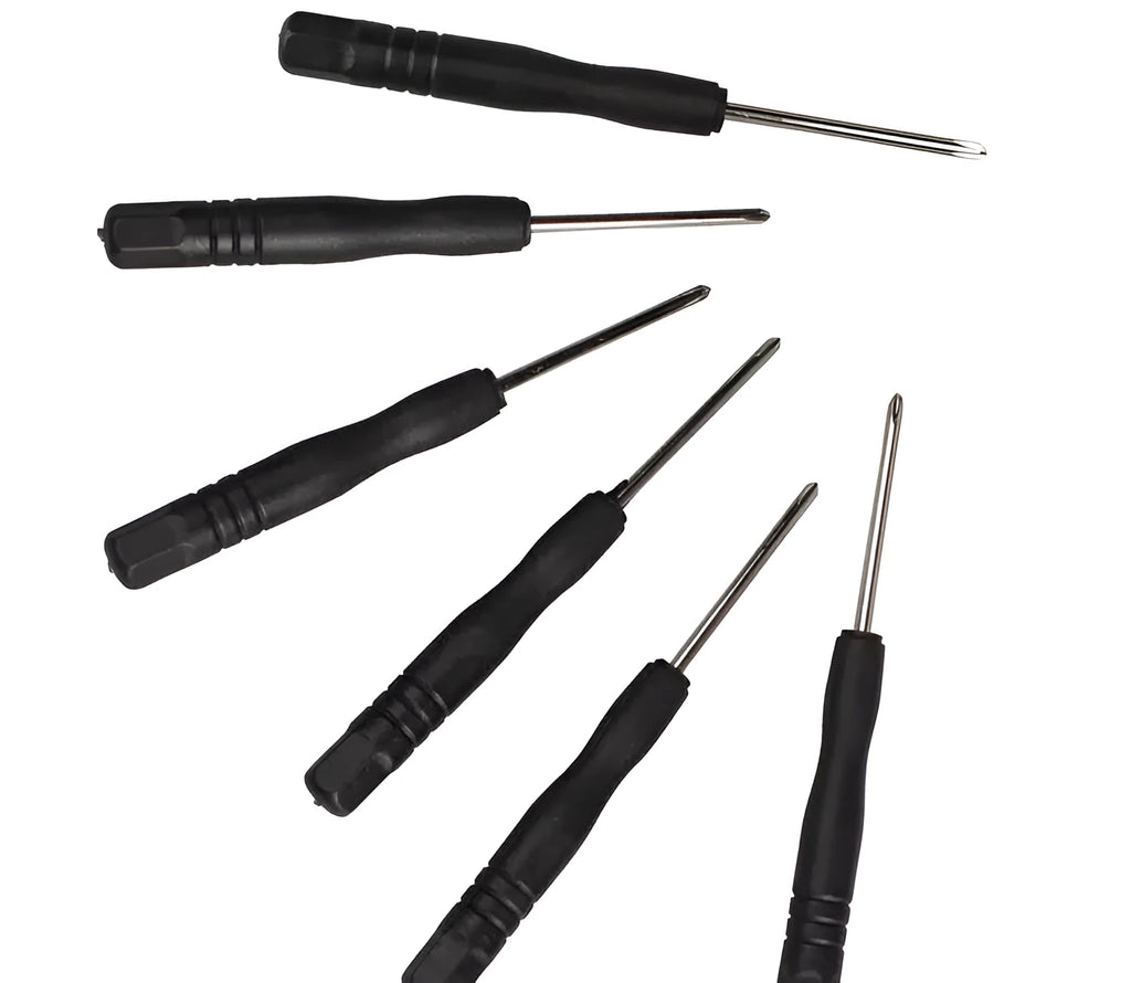 Black 83mm 45# steel small screwdriver driver set with straight and Phillips heads on a workbench