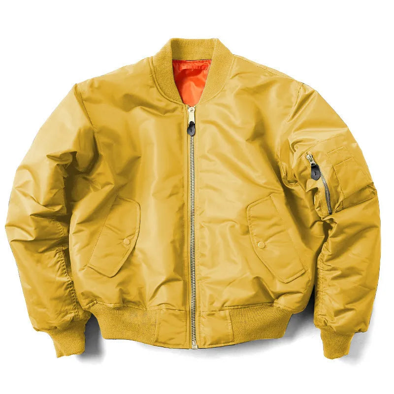 Men's loose fit nylon pilot jacket in Army Green shown on a hanger.