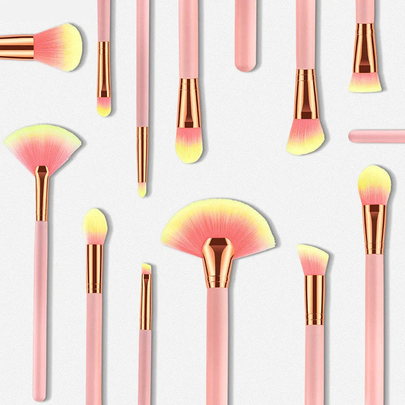 12-piece makeup brush set with pink wooden handles showing 10 different brush types for complete application