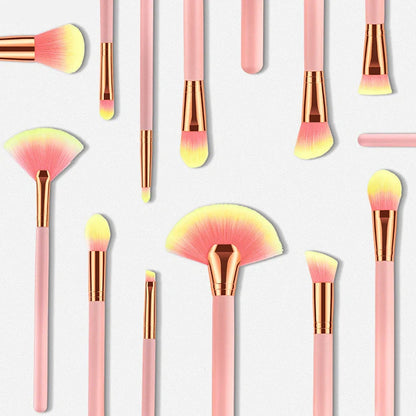 12-piece makeup brush set with pink wooden handles showing 10 different brush types for complete application