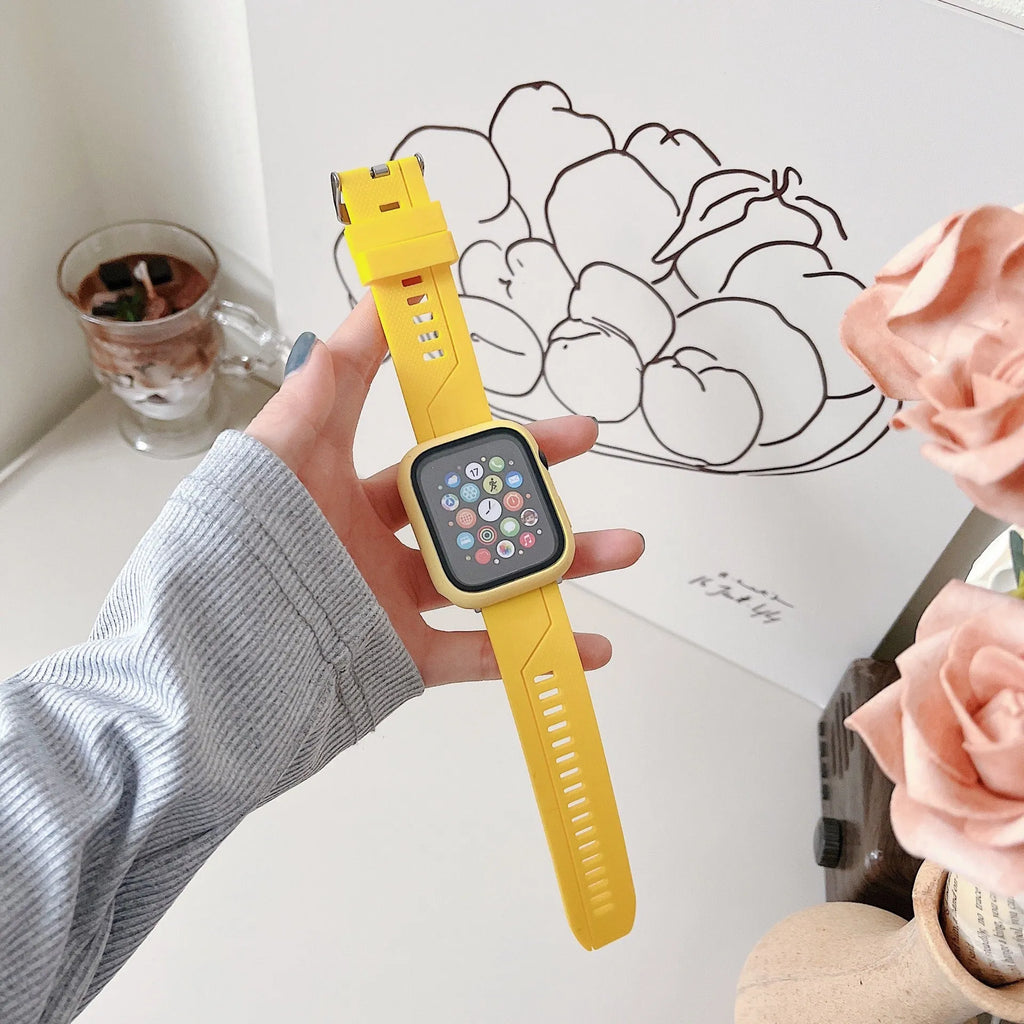 Silicone strap and watch case set in black, white, and blue colours showing flat 22mm interface for iWatch
