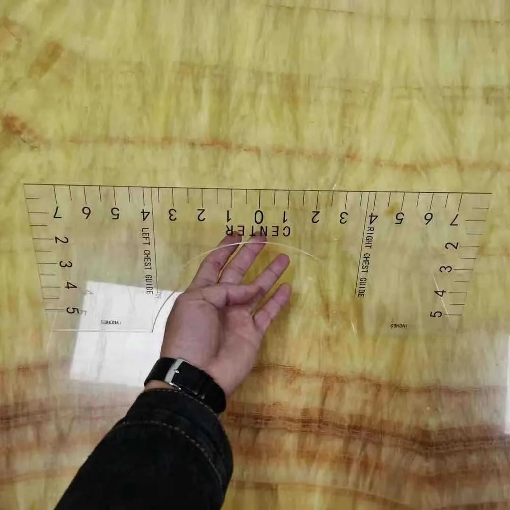 Transparent acrylic sewing ruler patch for T-shirt alignment, 10x6 inches.