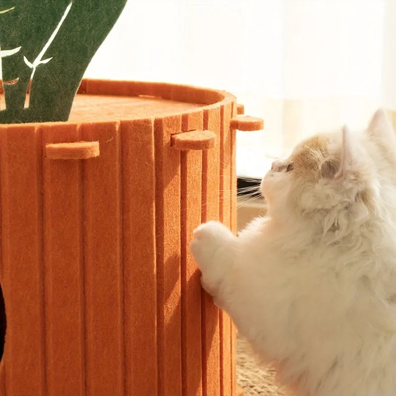 Carrot-shaped felt cat tunnel nest with semi-enclosed design and drilled pattern