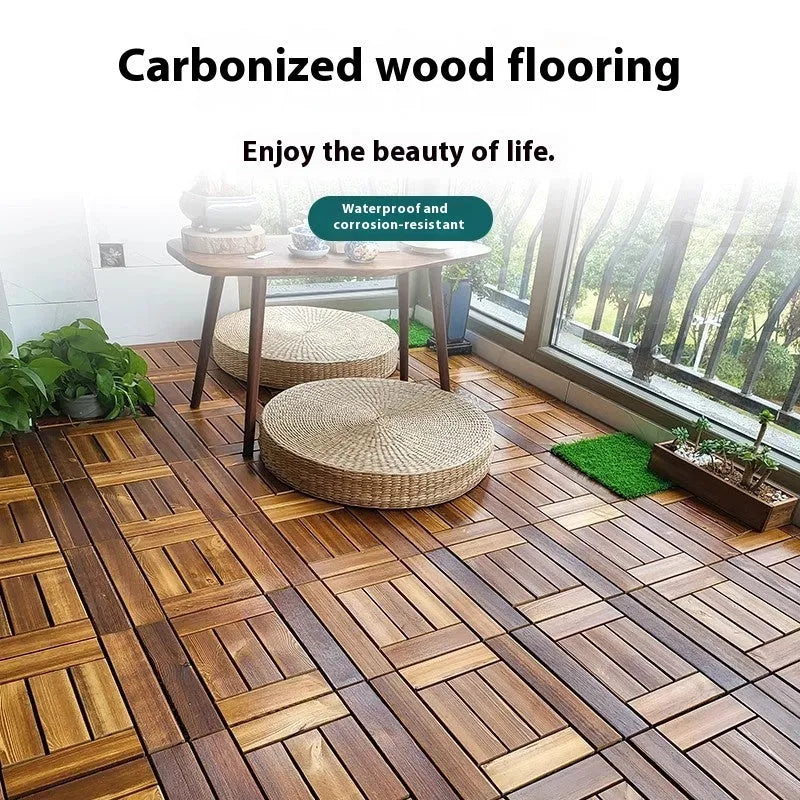 Four square pine wood floor tiles arranged together showing brushed surface texture