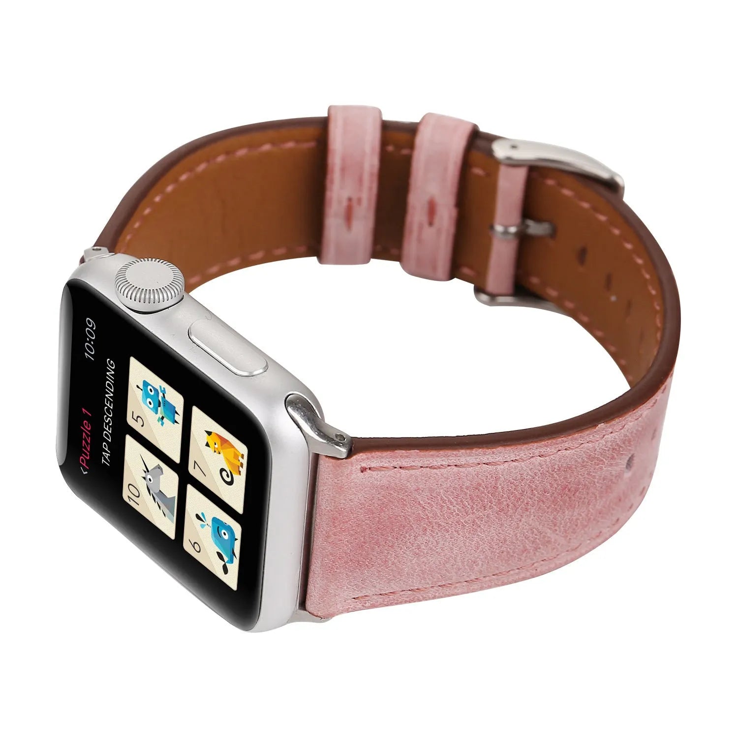 Genuine leather watch strap with folding buckle in blue, shown in 38mm width.