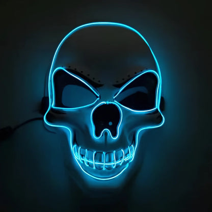 LED illuminated skull Halloween mask with adjustable strap and multiple light settings