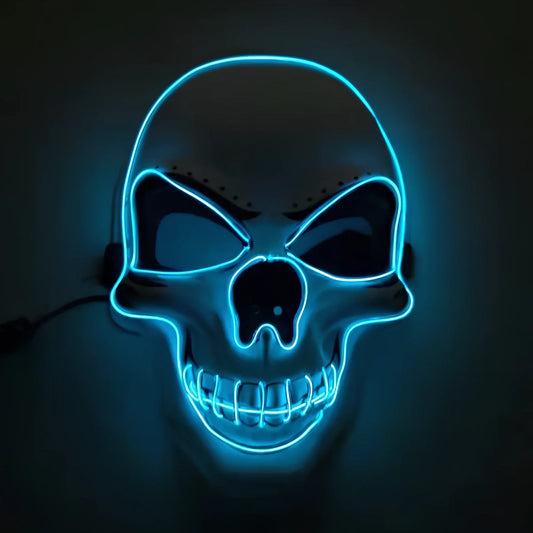LED illuminated skull Halloween mask with adjustable strap and multiple light settings