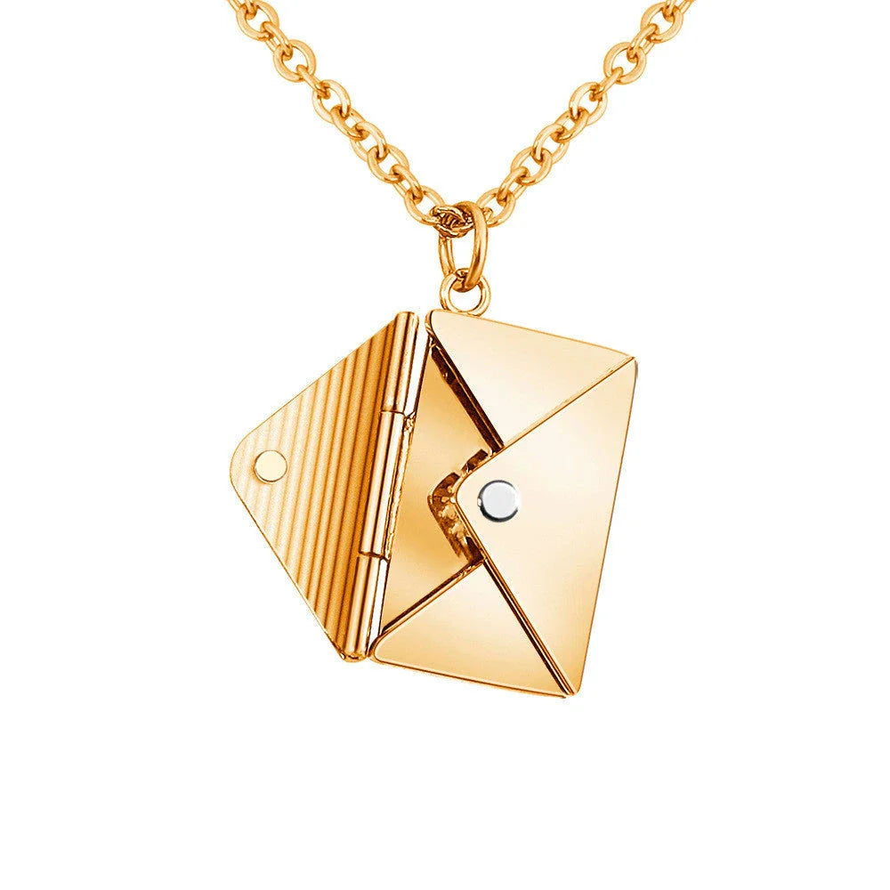 Elegant titanium steel envelope-shaped pendant necklace in silver, rose gold, and gold colors