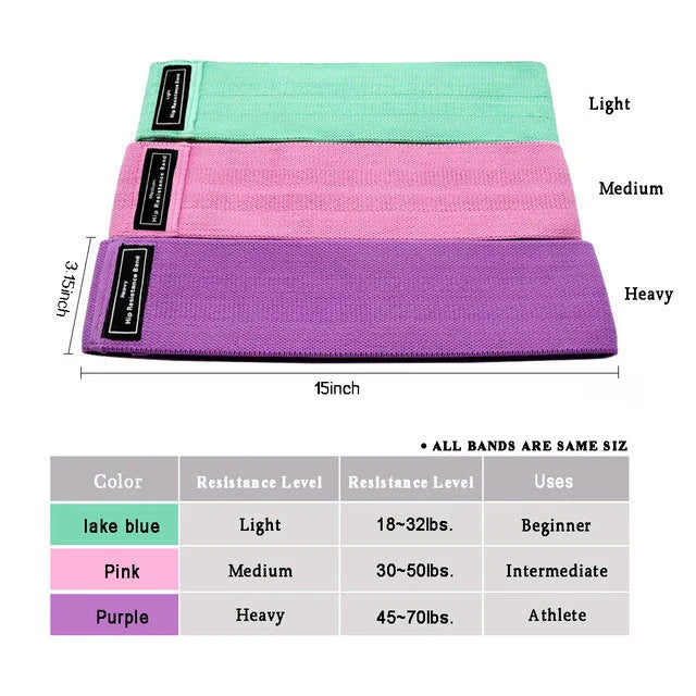 Latex mesh squat resistance band in lake blue, pink, and purple for hip and leg strengthening