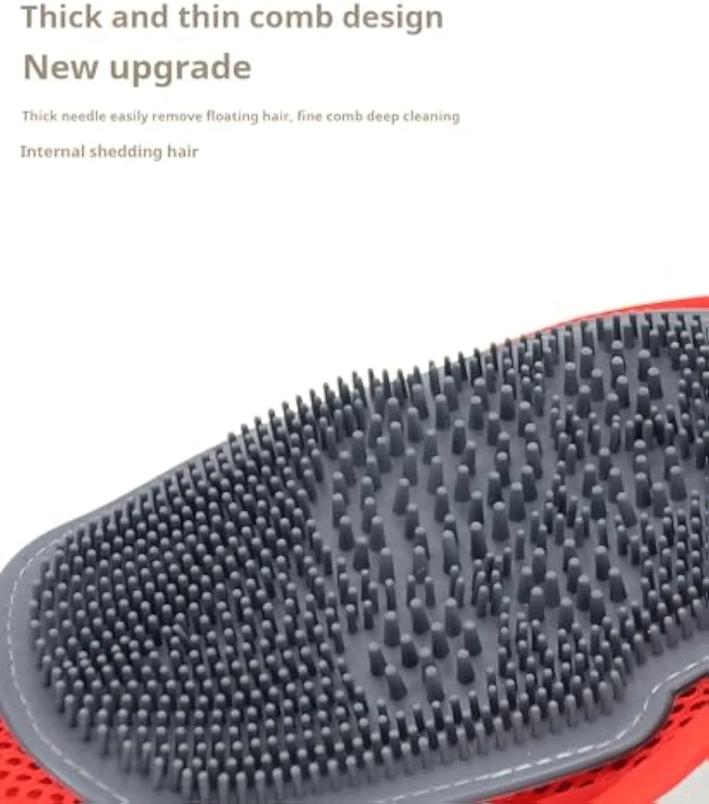 Red silicone pet bathing glove with integrated brush pattern for dog and cat grooming