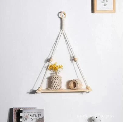 Hand-woven cotton tapestry wall decoration rack with wooden planks in rectangle shape