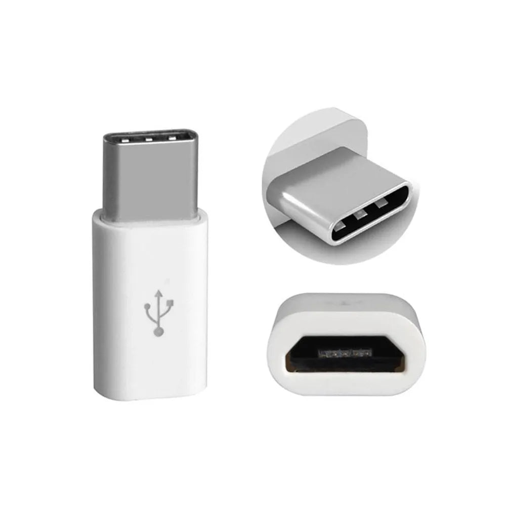 Micro USB to USB C adapter in black with USB-A female connector for charging and data sync.