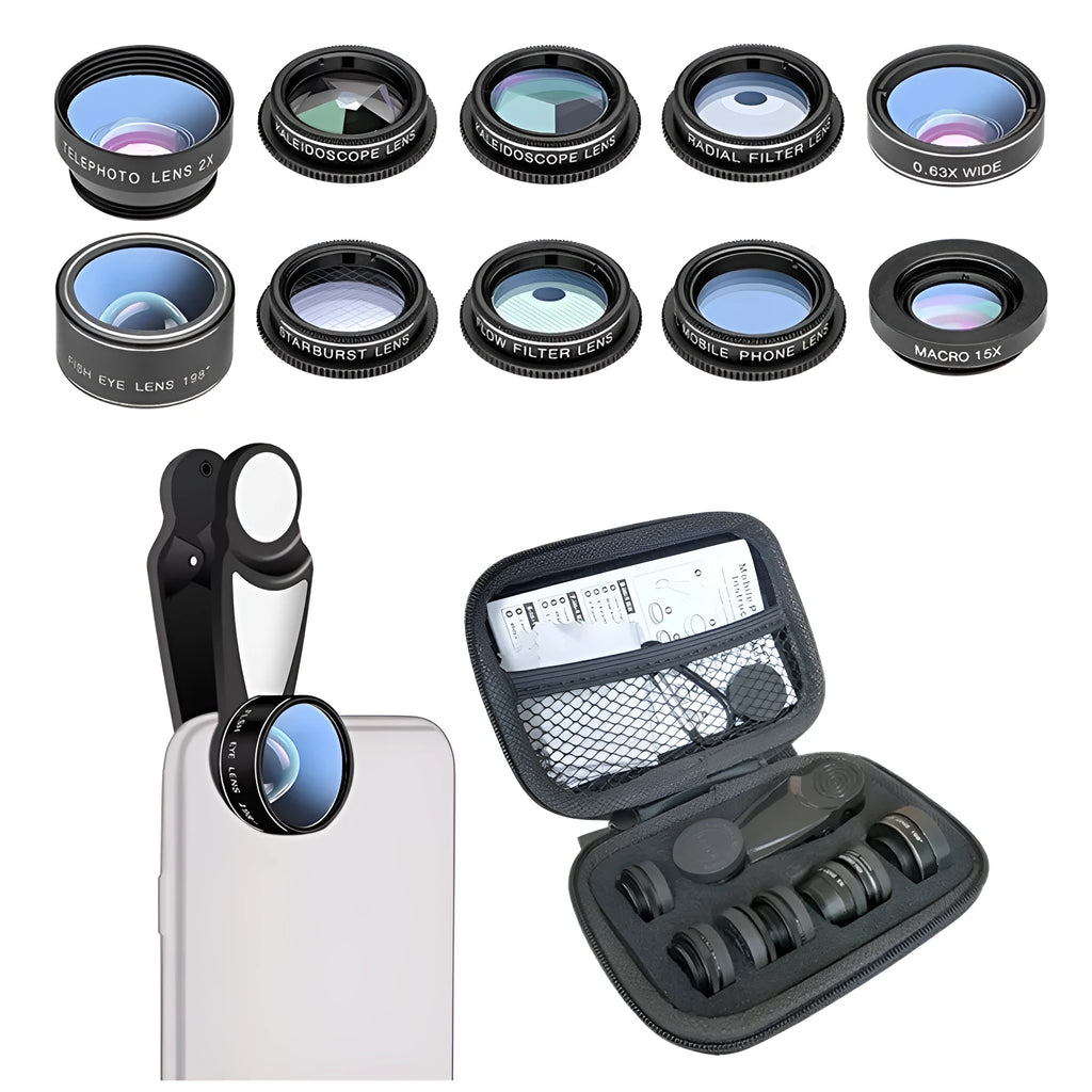 Black 10-in-1 mobile phone camera lens kit with fisheye macro and wide angle attachments