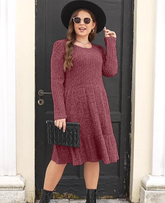 Solid colour round neck knitted dress sweater with long sleeves in various colours