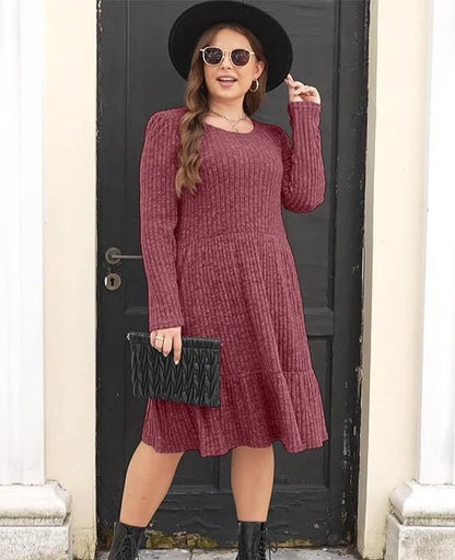 Solid colour round neck knitted dress sweater with long sleeves in various colours