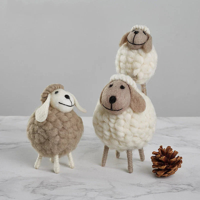 Adorable felt sheep miniature figurines in various colours and sizes for home decoration