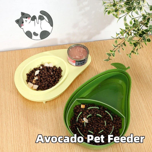 Avocado-shaped automatic pet feeder and water dispenser with adjustable bowl and siphon-based water system for dogs and cats