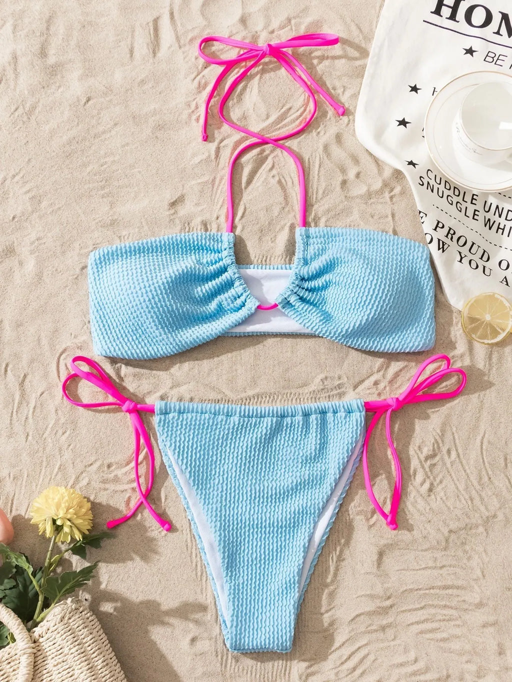 Solid colour women's halter lace-up swimsuit bikini set with backless design