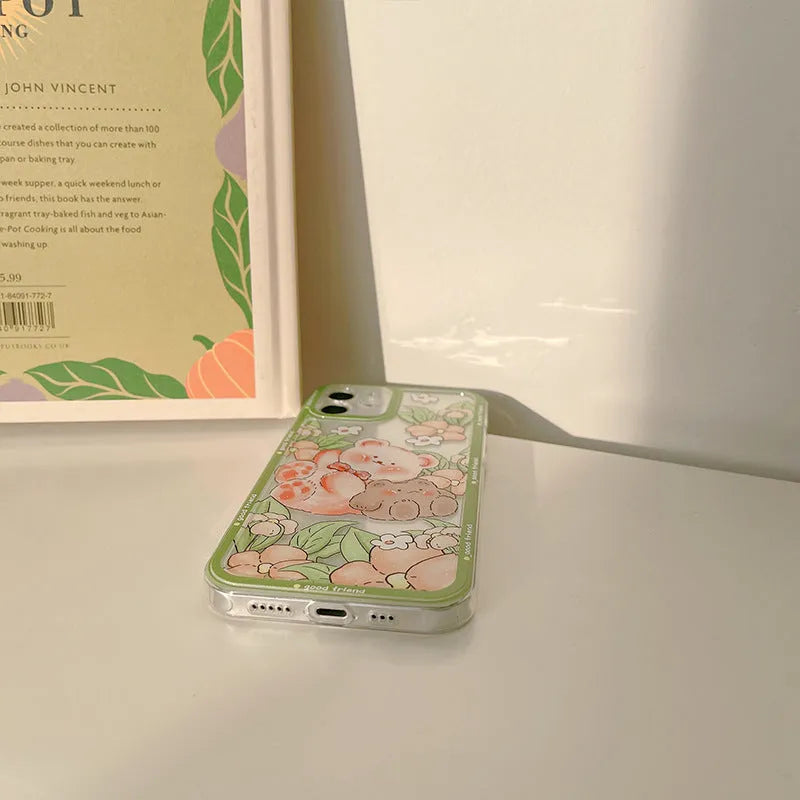 Transparent TPU phone case with hand-painted bear and floral design for iPhone 13