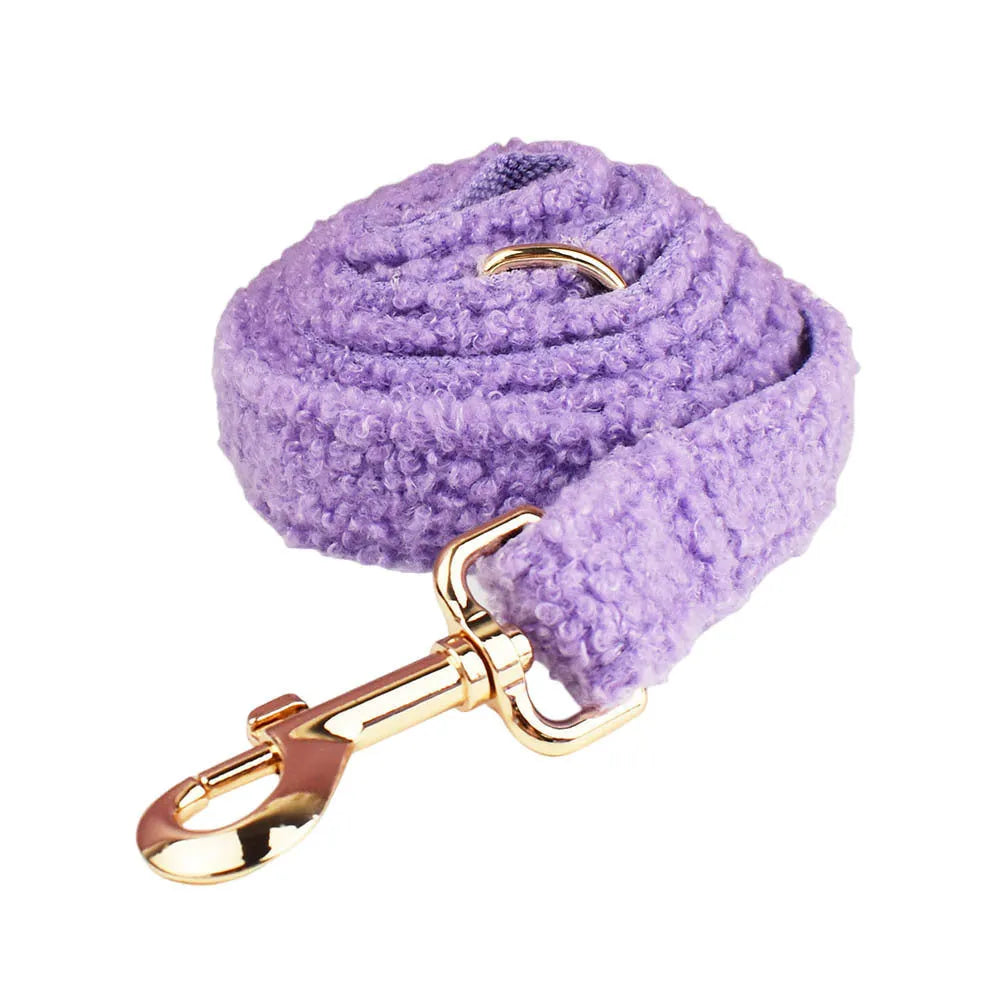Four-piece dog accessory set showing collar, lead, bow and matching vest in cloth material
