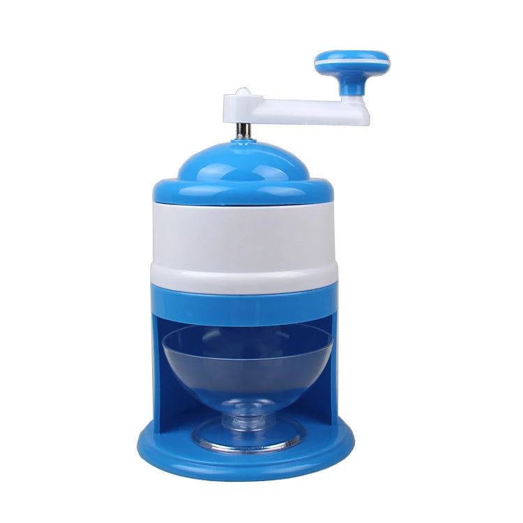 Portable manual ice crusher with stainless steel blade in blue and white