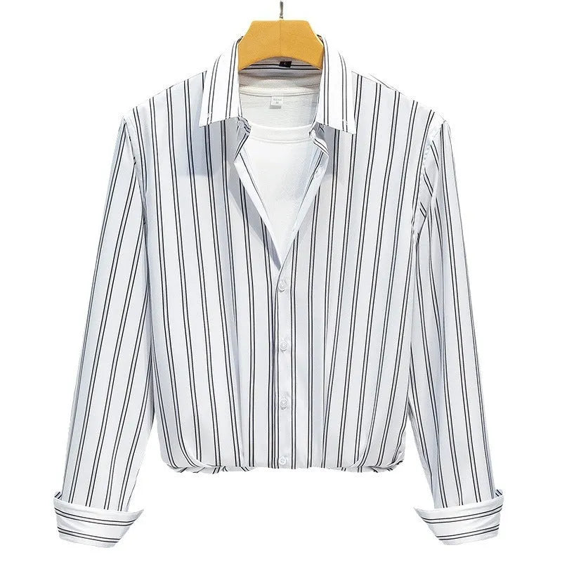 Men's slim-fit striped printed polyester business casual shirt in blue, front view with collar and button placket