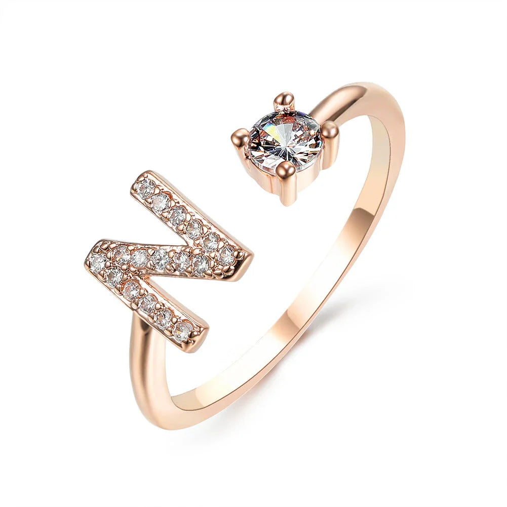 Elegant 26-letter adjustable initial ring in gold, silver, and rose gold finishes